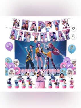 K-pop Demon Hunters birthday party set backdrop banner balloons & cake toppers